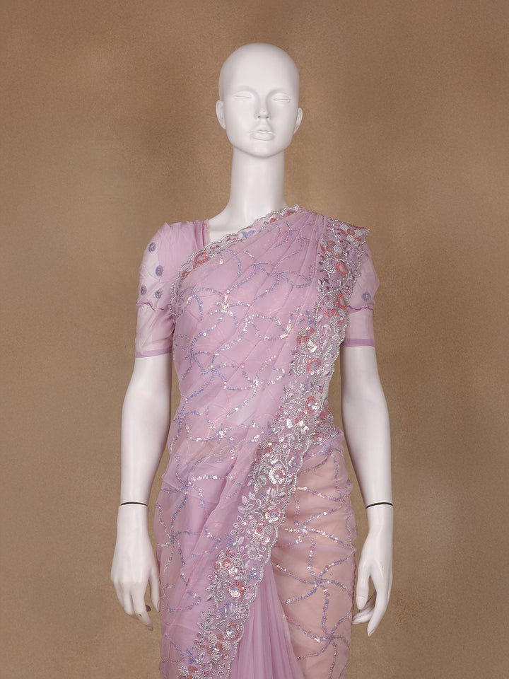 Light Purple Floral Designed Organza Designer Saree - Diadem