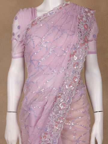 Light Purple Floral Designed Organza Designer Saree - Diadem