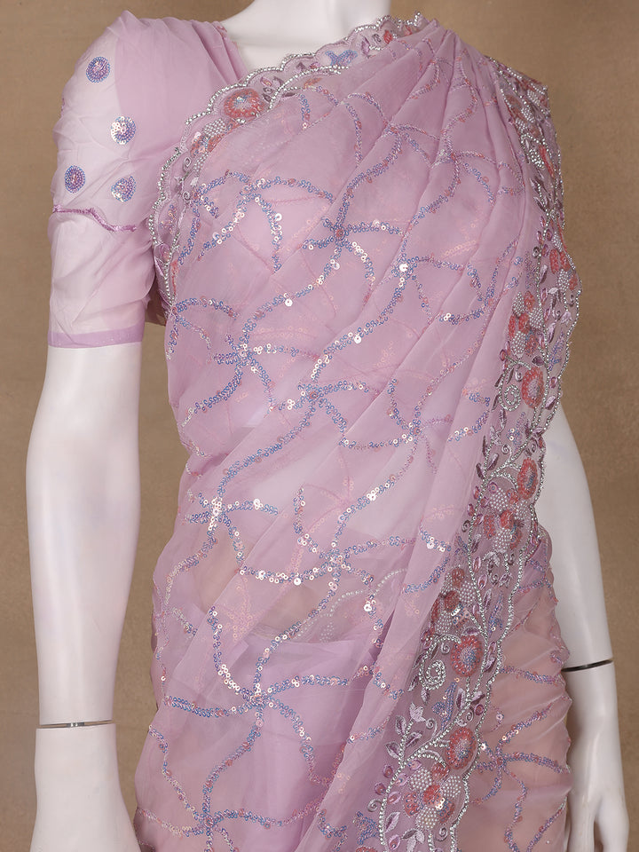 Light Purple Floral Designed Organza Designer Saree - Diadem