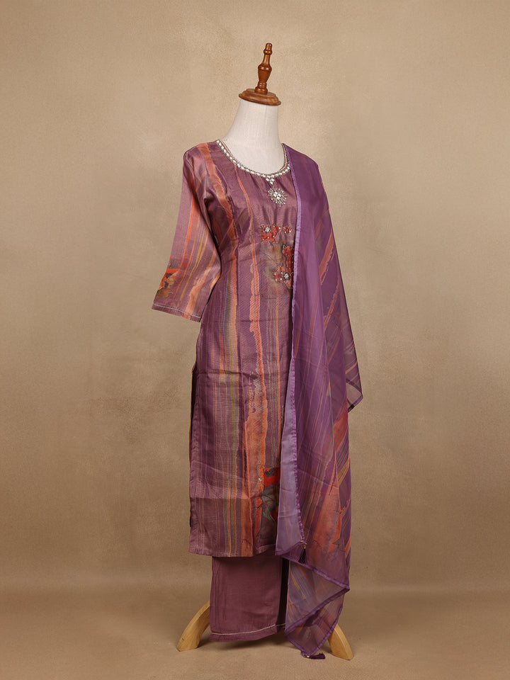 Light Purple Floral Designed Tissue Silk Salwar Suit - Diadem