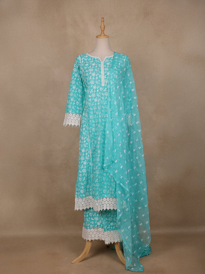 Light Turquoise Blue Floral printed Cotton Salwar Suit - Diadem
