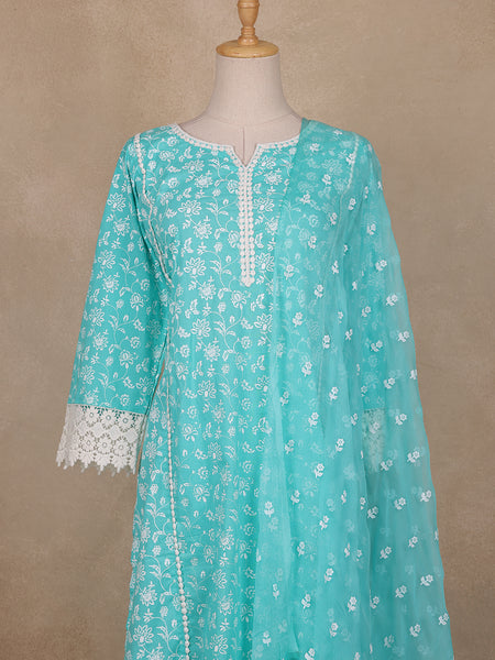 Light Turquoise Blue Floral printed Cotton Salwar Suit - Diadem