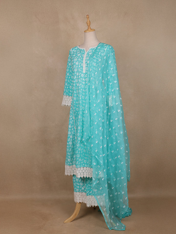 Light Turquoise Blue Floral printed Cotton Salwar Suit - Diadem