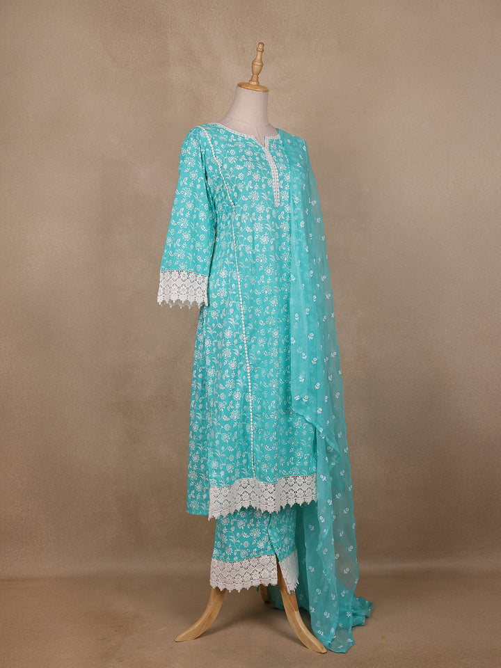 Light Turquoise Blue Floral printed Cotton Salwar Suit - Diadem