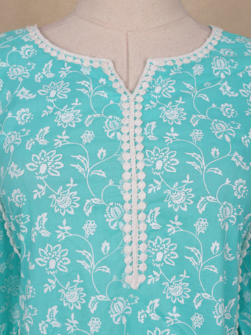 Light Turquoise Blue Floral printed Cotton Salwar Suit - Diadem