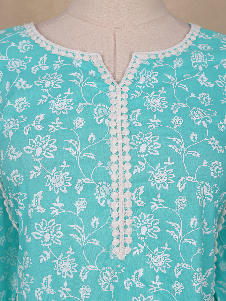 Light Turquoise Blue Floral printed Cotton Salwar Suit - Diadem