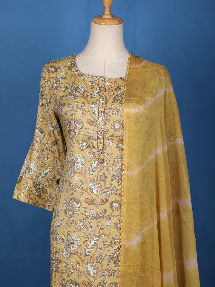 Light Yellow Cotton Floral Printed Salwar Suit - Diadem