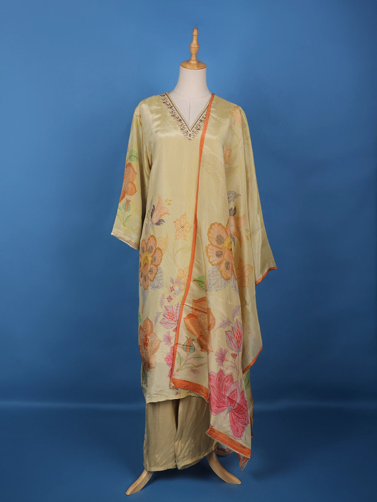 Light Yellow Floral Designed Tissue Silk Salwar Suit - Diadem