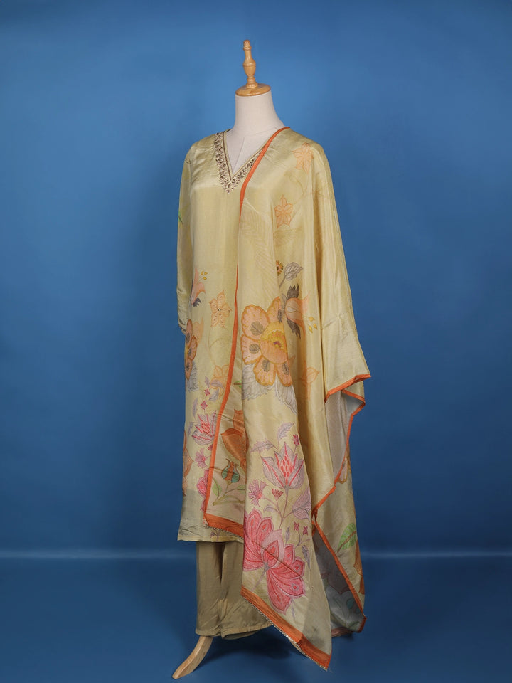 Light Yellow Floral Designed Tissue Silk Salwar Suit - Diadem