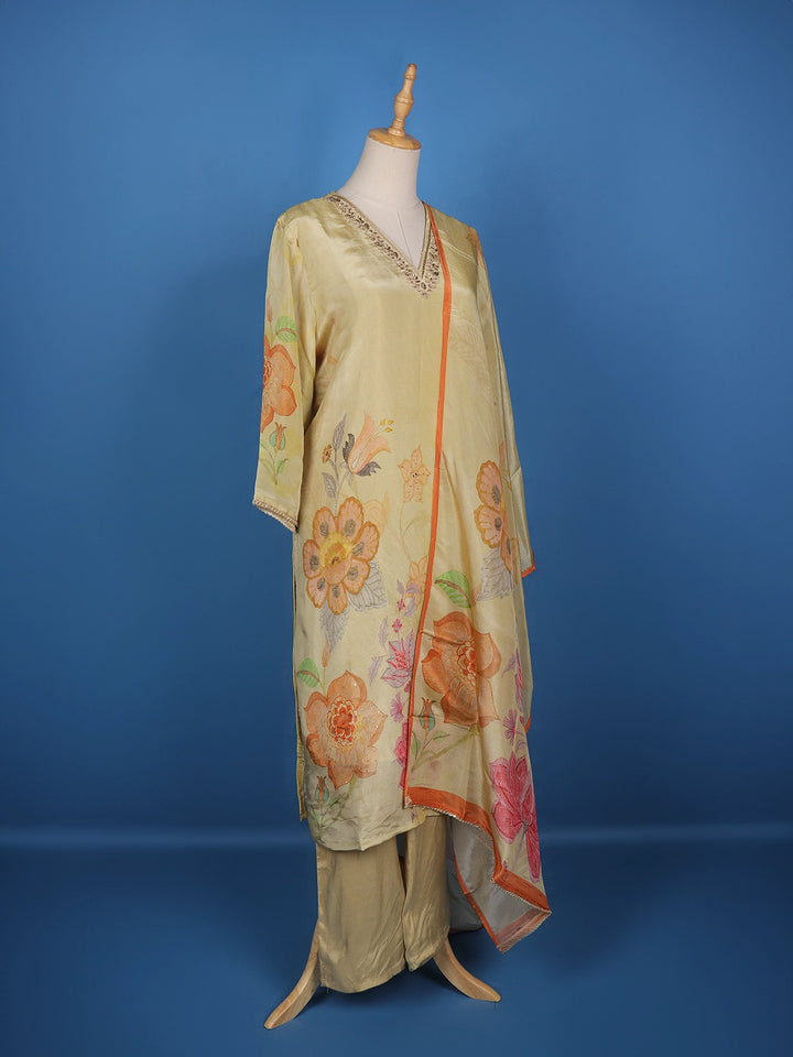 Light Yellow Floral Designed Tissue Silk Salwar Suit - Diadem