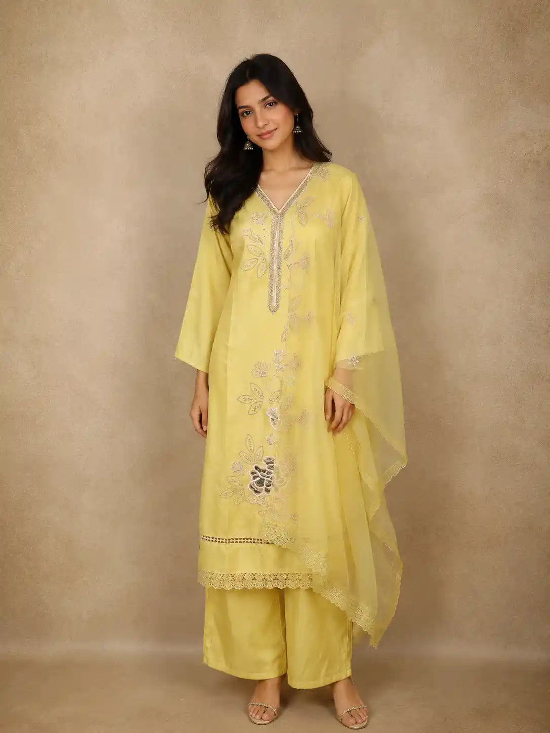 Light Yellow Floral Sequins Embroidered Tissue Silk Salwar Suit with Dupatta