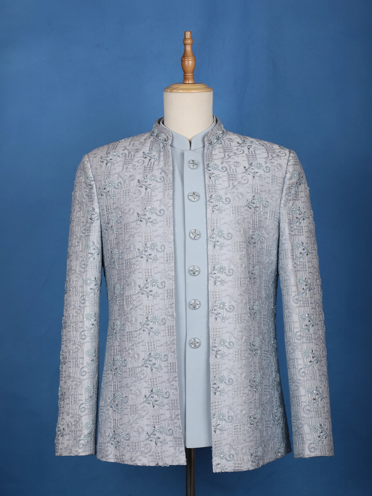 Light blue Floral Designed Jodhpuri Men's Suit - Diadem