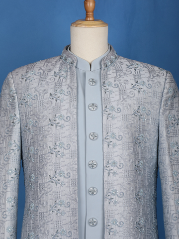 Light blue Floral Designed Jodhpuri Men's Suit - Diadem
