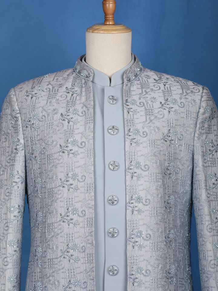 Light blue Floral Designed Jodhpuri Men's Suit - Diadem