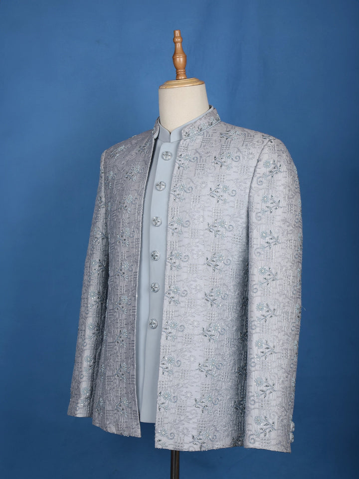 Light blue Floral Designed Jodhpuri Men's Suit - Diadem