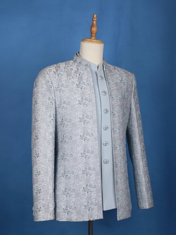 Light blue Floral Designed Jodhpuri Men's Suit - Diadem