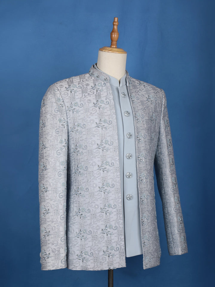 Light blue Floral Designed Jodhpuri Men's Suit - Diadem
