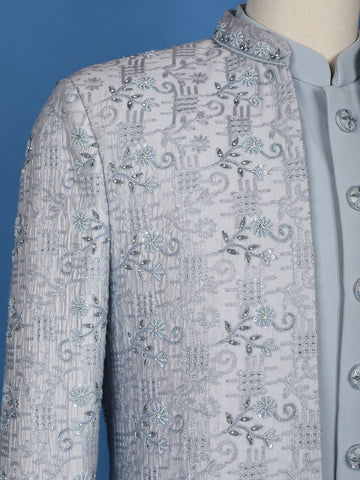 Light blue Floral Designed Jodhpuri Men's Suit - Diadem