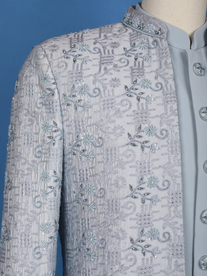 Light blue Floral Designed Jodhpuri Men's Suit - Diadem