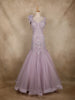 Lilac Sequins and Beads Embellished Design Net Mermaid Gown with Feather Shoulder Detail