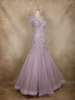 Lilac Sequins and Beads Embellished Design Net Mermaid Gown with Feather Shoulder Detail