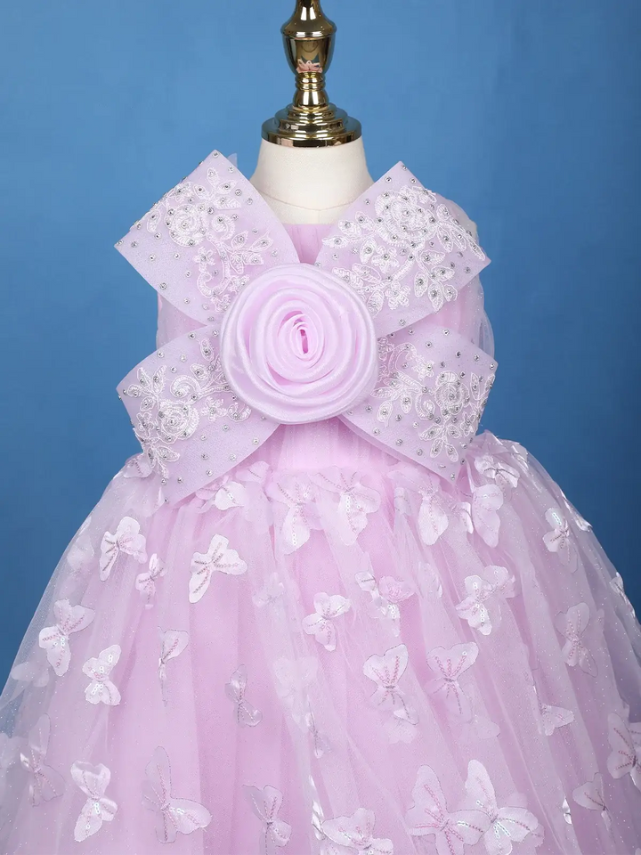 Lilac Butterfly Applique Embroidered Net Kids Gown - Diadem