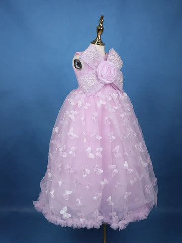 Lilac Butterfly Applique Embroidered Net Kids Gown - Diadem