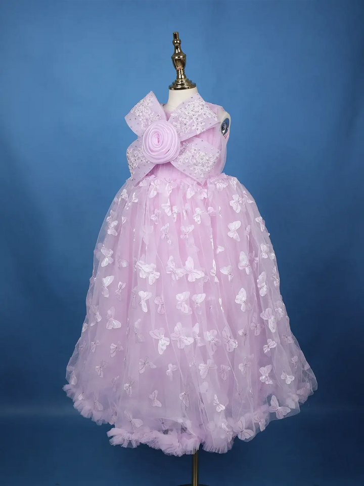 Lilac Butterfly Applique Embroidered Net Kids Gown - Diadem