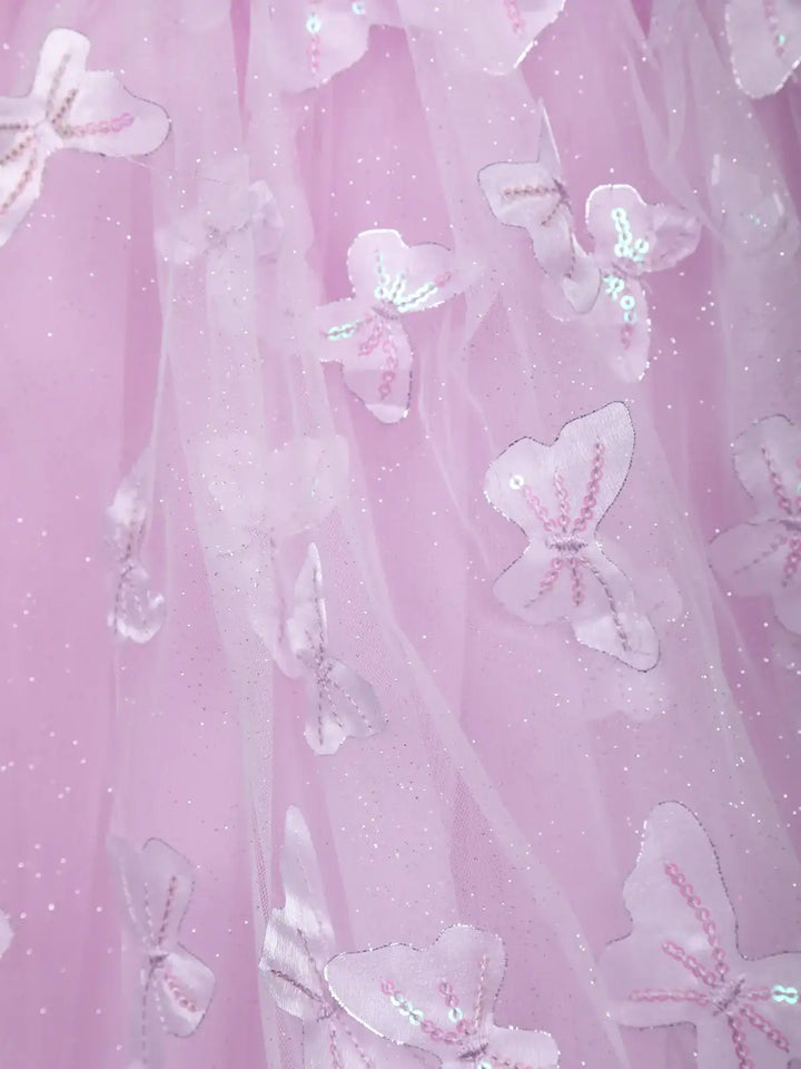 Lilac Butterfly Applique Embroidered Net Kids Gown - Diadem
