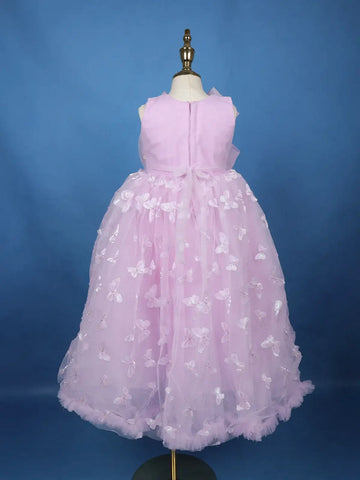 Lilac Butterfly Applique Embroidered Net Kids Gown - Diadem