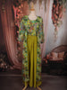 Lime Green Floral Printed Design Chiffon Palazzo Suit with Long Over Coat