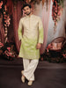 Lime Green Floral Vine Zari Embroidered Design Tissue Silk Men's Kurta Pyjama