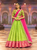 Lime Green Floral Vine Zari Woven Design Pure Kanchipuram Silk Traditional Wear Dhavani Set with Matching Hand Work Designer Blouse and Contrast Pink Dupatta