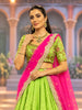 Lime Green Floral Vine Zari Woven Design Pure Kanchipuram Silk Traditional Wear Dhavani Set with Matching Hand Work Designer Blouse and Contrast Pink Dupatta