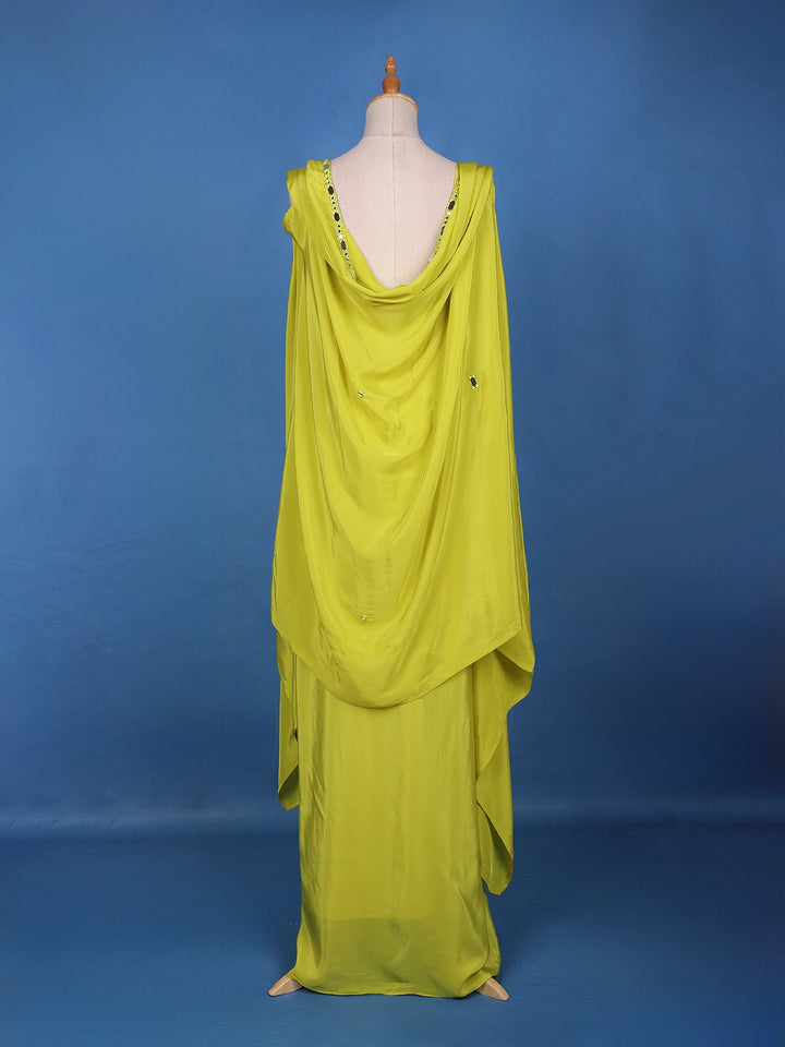 Lime Green Mirror Embroidered Crepe Skirt Top - Diadem