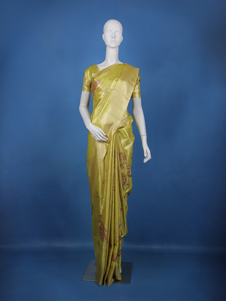 Lime Green floral Design Tissue Saree - Diadem