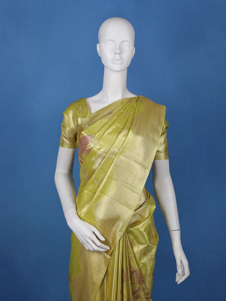 Lime Green floral Design Tissue Saree - Diadem