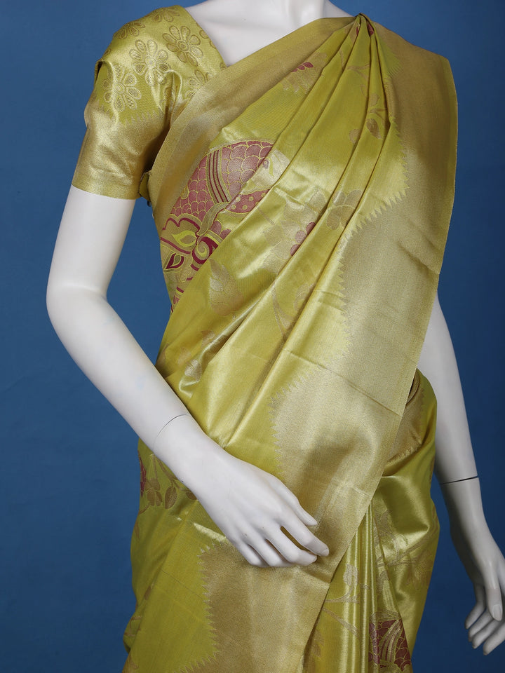 Lime Green floral Design Tissue Saree - Diadem