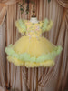 Lime Yellow Floral Applique Design Net Party Wear Kids Frock