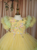 Lime Yellow Floral Applique Design Net Party Wear Kids Frock