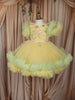 Lime Yellow Floral Applique Design Net Party Wear Kids Frock