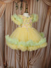 Lime Yellow Floral Applique Design Net Party Wear Kids Frock