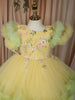 Lime Yellow Floral Applique Design Net Party Wear Kids Frock
