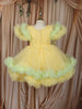 Lime Yellow Floral Applique Design Net Party Wear Kids Frock