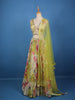 Lime Yellow Floral Mirror Embroidered  Design Tissue Crushed Lehenga With Dupatta