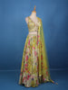 Lime Yellow Floral Mirror Embroidered  Design Tissue Crushed Lehenga With Dupatta