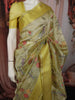 Lime Yellow Floral Vine Embroidered Design Pure Organza Saree with Zari Border