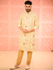 Lime Yellow Floral Vine Self Woven Design Pure Cotton Men's Kurta Set With Matching Pant