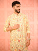 Lime Yellow Floral Vine Self Woven Design Pure Cotton Men's Kurta Set With Matching Pant