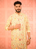 Lime Yellow Floral Vine Self Woven Design Pure Cotton Men's Kurta Set With Matching Pant